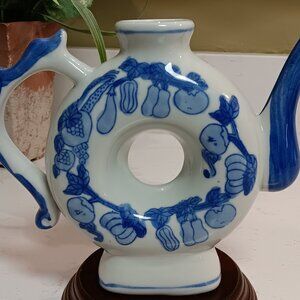 Vintage Donut Teapot / Vase Blue & White Fruit Design